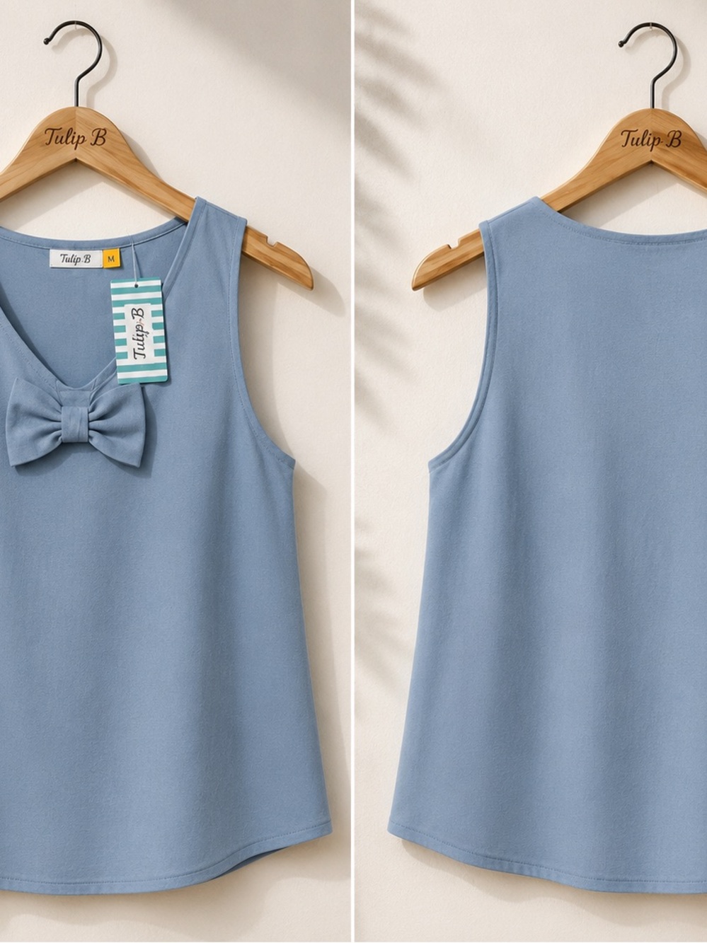 NWT Tulip B Light Blue Bow Front Tank Top Linen Blend - Picture 3 of 6